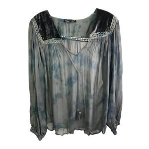 Gypsy Women's Sz XS Boho Top Long Sleeve Blouse Gray TieDye Velvet Trim V-Neck